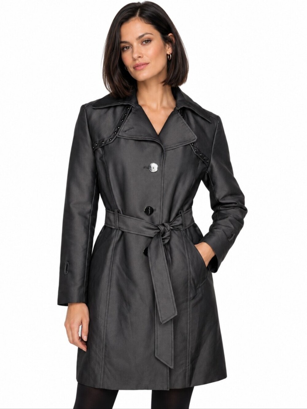 Kenneth Cole New York Trench Coat Women L Black Belted Studded Yoke